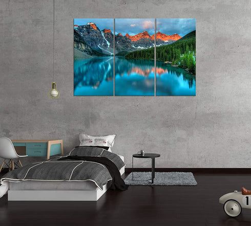 Sunset Morain Lake and Mountain Range Alberta Canada Landscape Wall Art in Water Canvas Painting